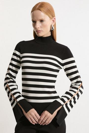 Viscose Blend Rib Knit Button Detail Top stripe