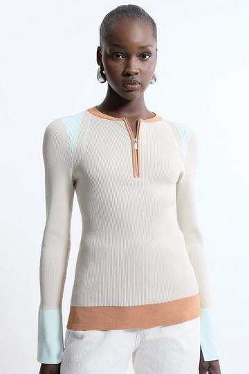 Rib Knit Half Zip Cuff Detail Top stone