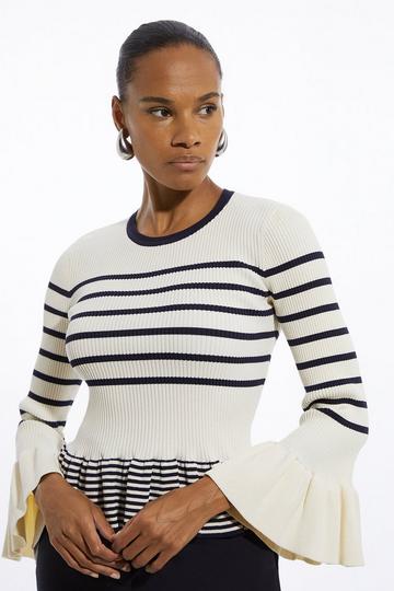 Stripe Multi Full Sleeve Peplum Knit Rib Top