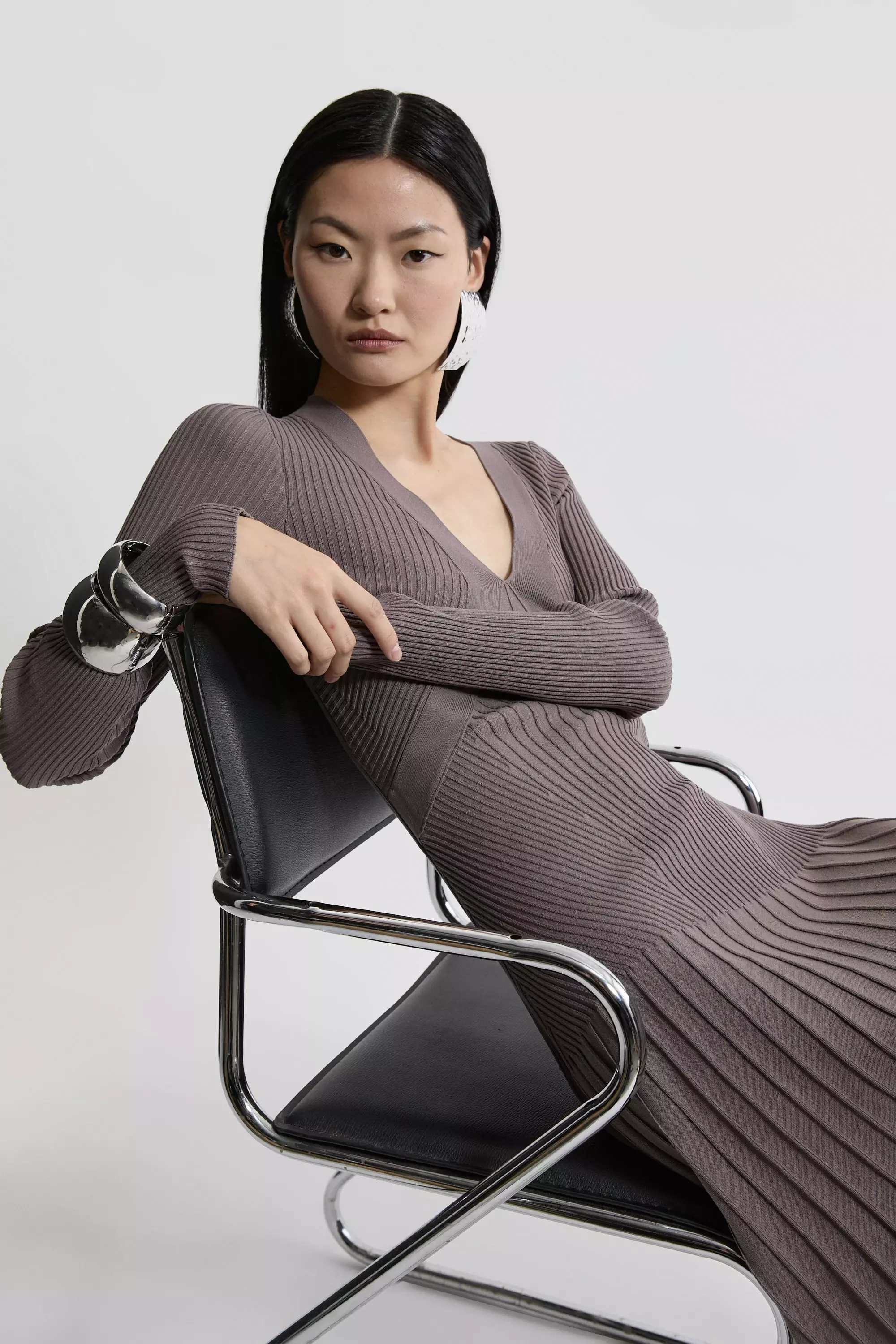 V Neck Elevated Rib Knit Full Skirt Midi Dress Karen Millen