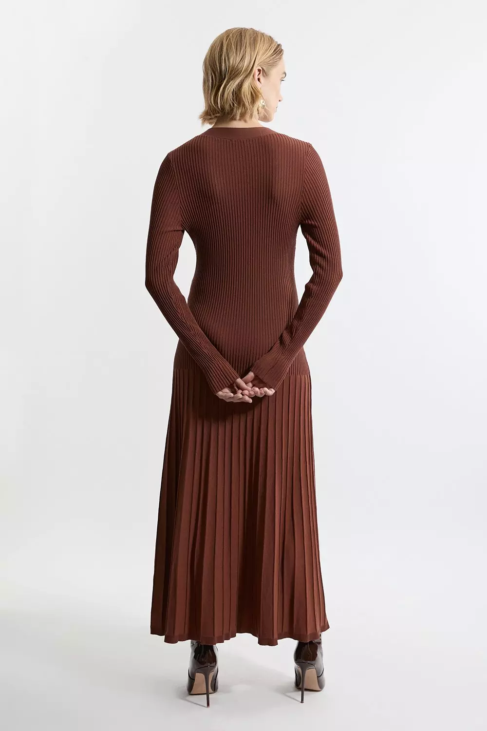 V Neck Elevated Rib Knit Full Skirt Midi Dress | Karen Millen