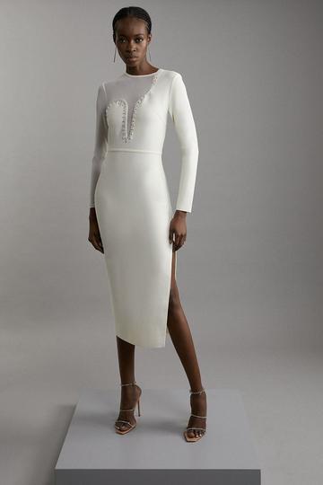 Figure Form Bandage Mesh Detail Asymmetric Trim Midi Dress cream