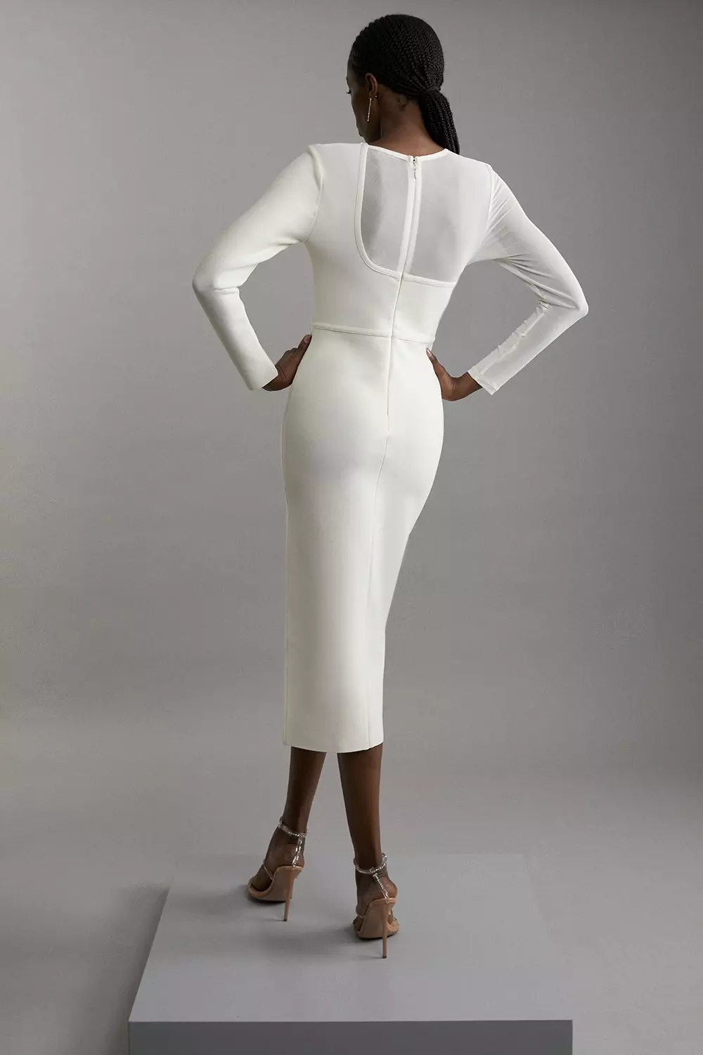 Figure Form Bandage Mesh Detail Asymmetric Trim Midi Dress