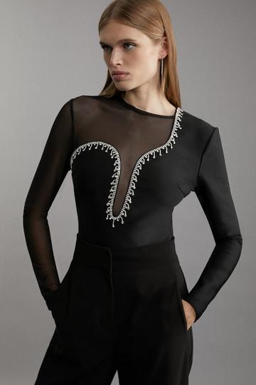 Black Figure Form Bandage Mesh Detail Embellished Knit Top