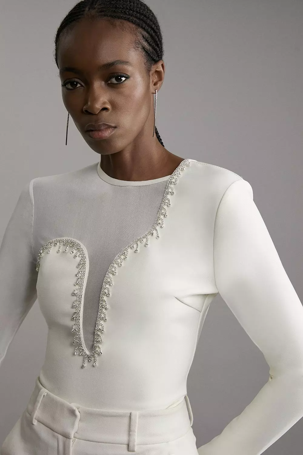 Black Figure Form Bandage Mesh Detail Embellished Knit Top alternative image