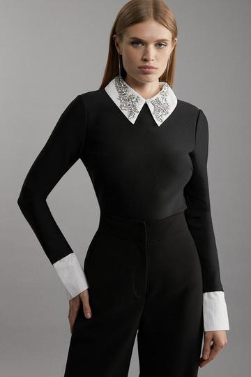 Figure Form Bandage Embellished Collar Knit Top black