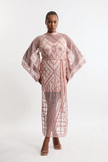 Plus Size Crystal Embellished Kimono Sleeve Woven Maxi Dress blush