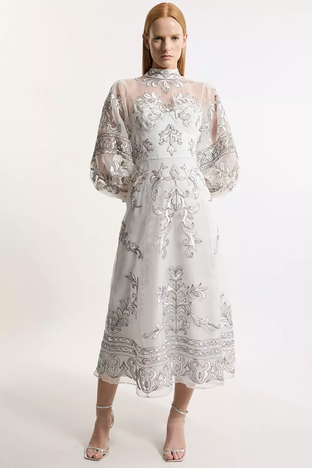 Silver Petite Baroque Organdie Applique Buttoned Woven Maxi Dress alternative image