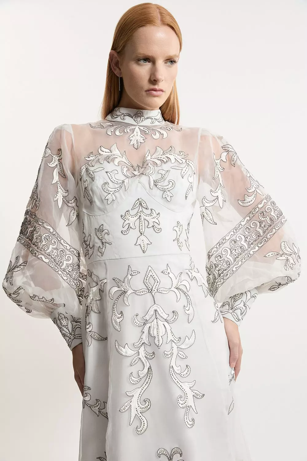 Silver Petite Baroque Organdie Applique Buttoned Woven Maxi Dress alternative image