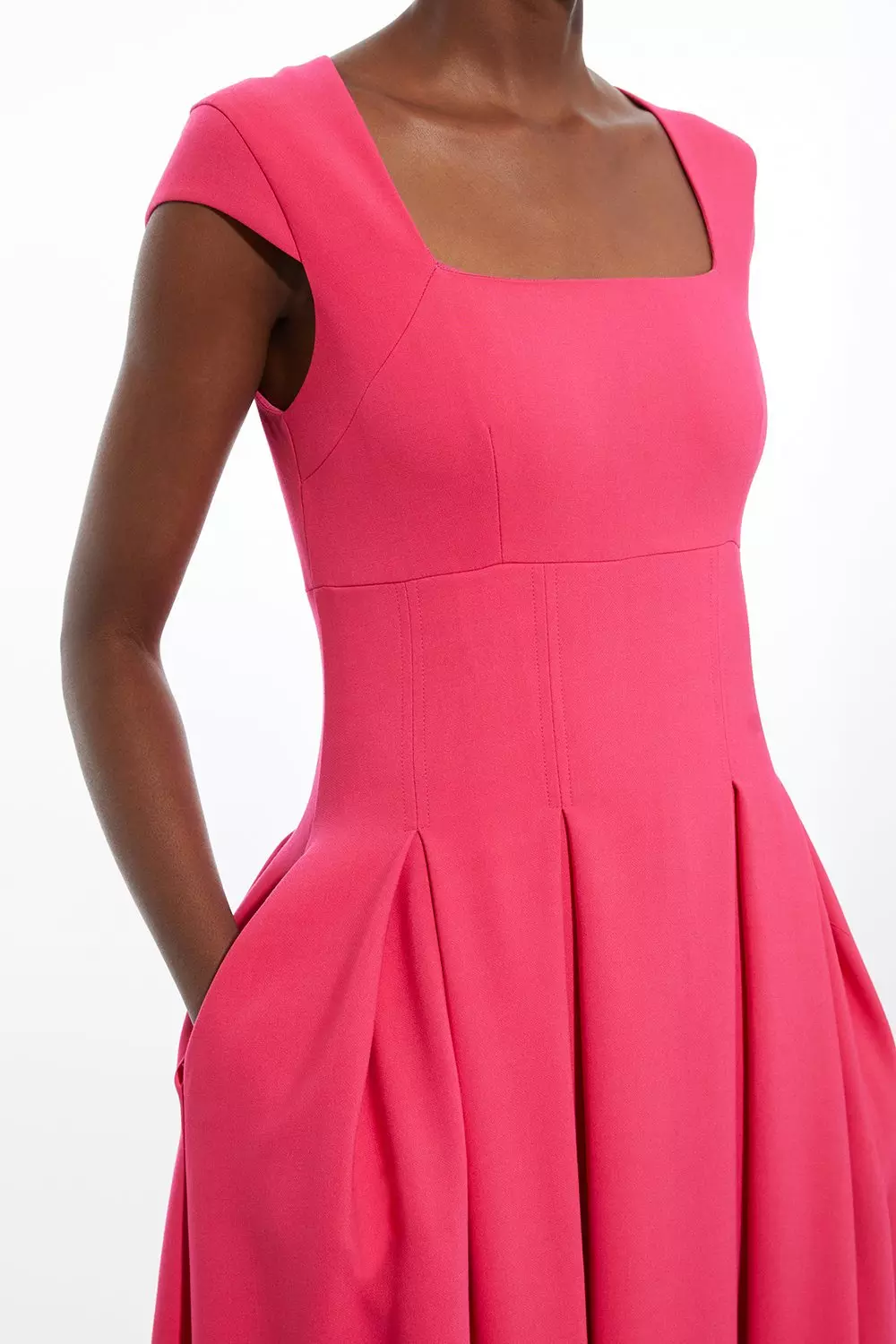 Compact Stretch Tailored Square Neck Full Skirted Midi Dress