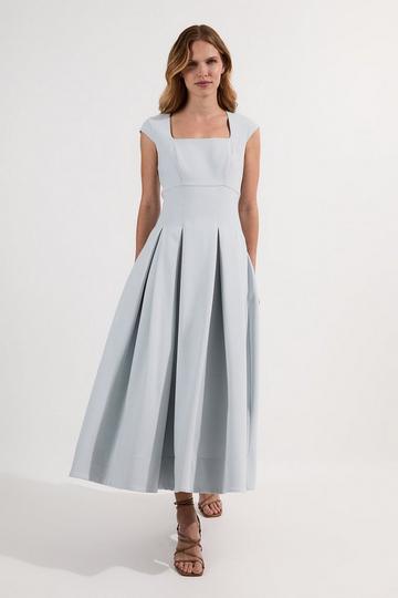 Compact Stretch Tailored Square Neck Full Skirted Midi Dress pale blue