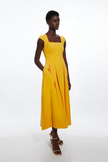Yellow Compact Stretch Tailored Square Neck Full Skirted Midi Dress