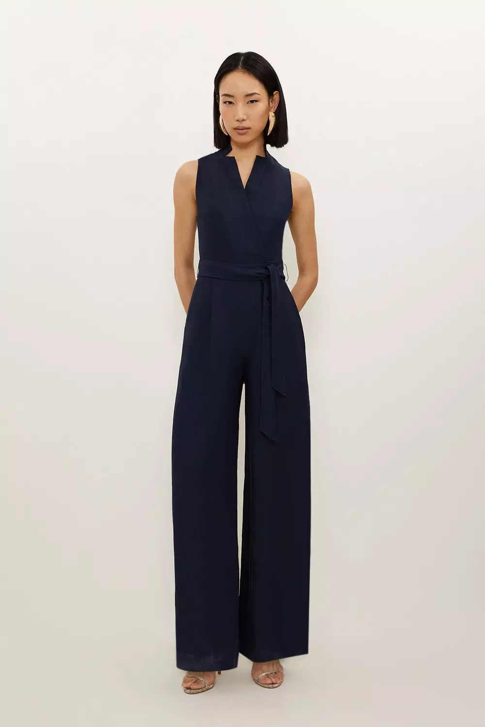 Tall Premium Tailored Linen Notch Neck Belted Straight Leg Jumpsuit Karen Millen