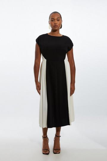 Plus Size Fluid Tailored Contrast Pleated Panel Skirt Midi Dress mono