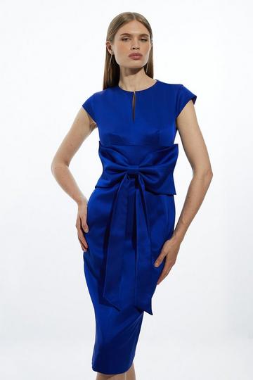 Tailored Satin Bow Detail Cap Sleeve Midi Dress blue
