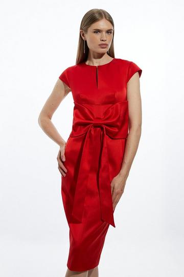 Tailored Satin Bow Detail Cap Sleeve Midi Dress red