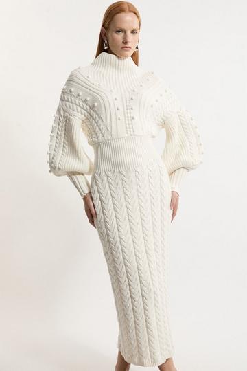 Bobble Detail Balloon Sleeve Cable Knit Viscose Blend Midaxi Dress ivory