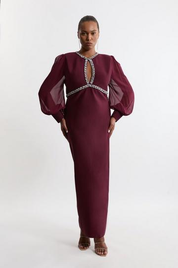 Plus Size Embellished And Chiffon Sleeve Figure Form Knit Midaxi Dress burgundy