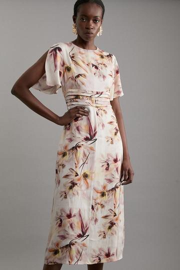 Tall Abstract Floral Satin Crepe Woven Midi Dress pink