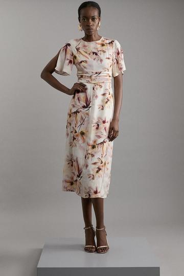 Petite Abstract Floral Satin Crepe Woven Midi Dress pink