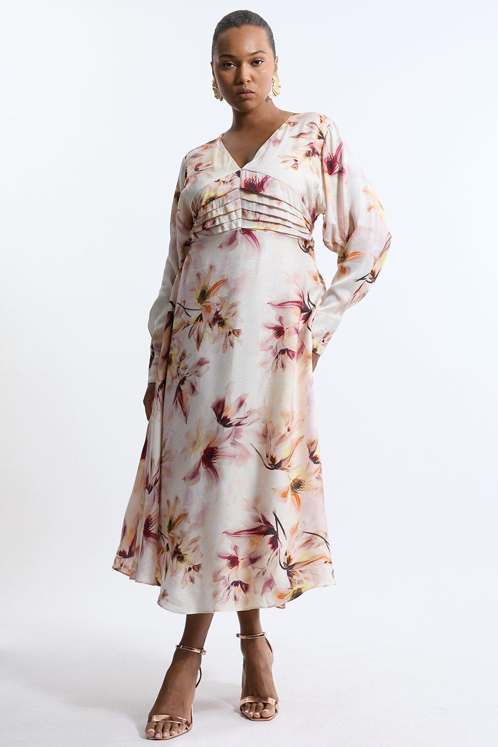 Plus Size Abstract Floral Satin Crepe Woven Long Sleeve Midi Dress