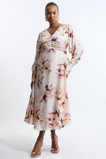 Plus Size Abstract Floral Satin Crepe Woven Long Sleeve Midi Dress pink