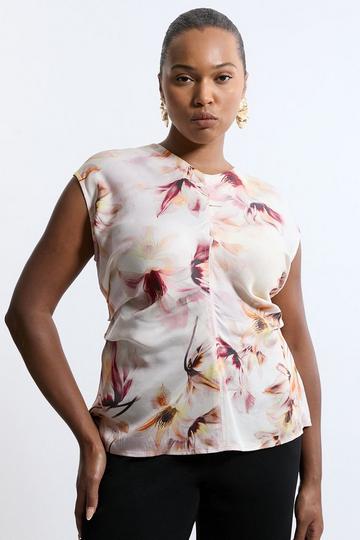 Pink Plus Size Abstract Floral Satin Crepe Woven Gathered Detail Top