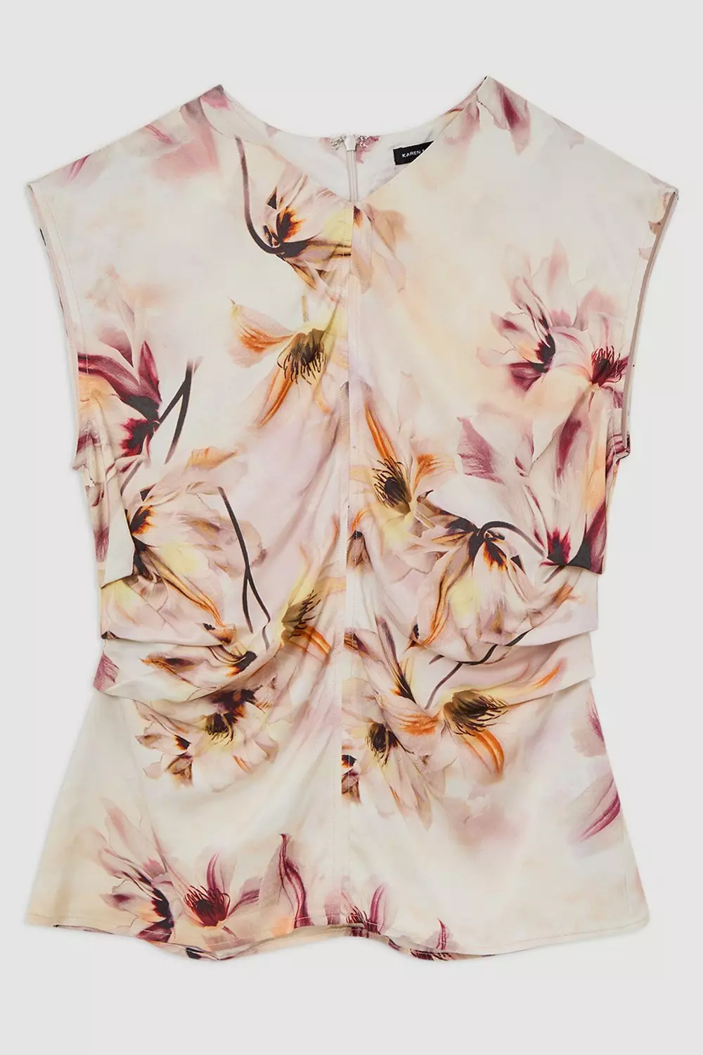 KAREN MILLEN 日本未入荷プチボイル花柄ボーダープレイスーツ Abstract Floral Satin Crepe Woven Gathered Detail Top