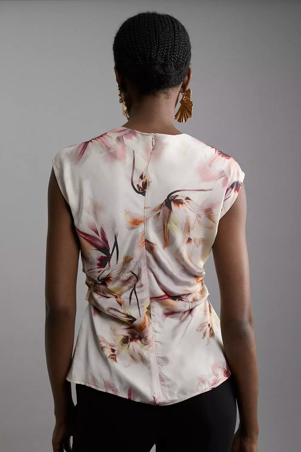 Abstract Floral Satin Crepe Woven Gathered Detail Top