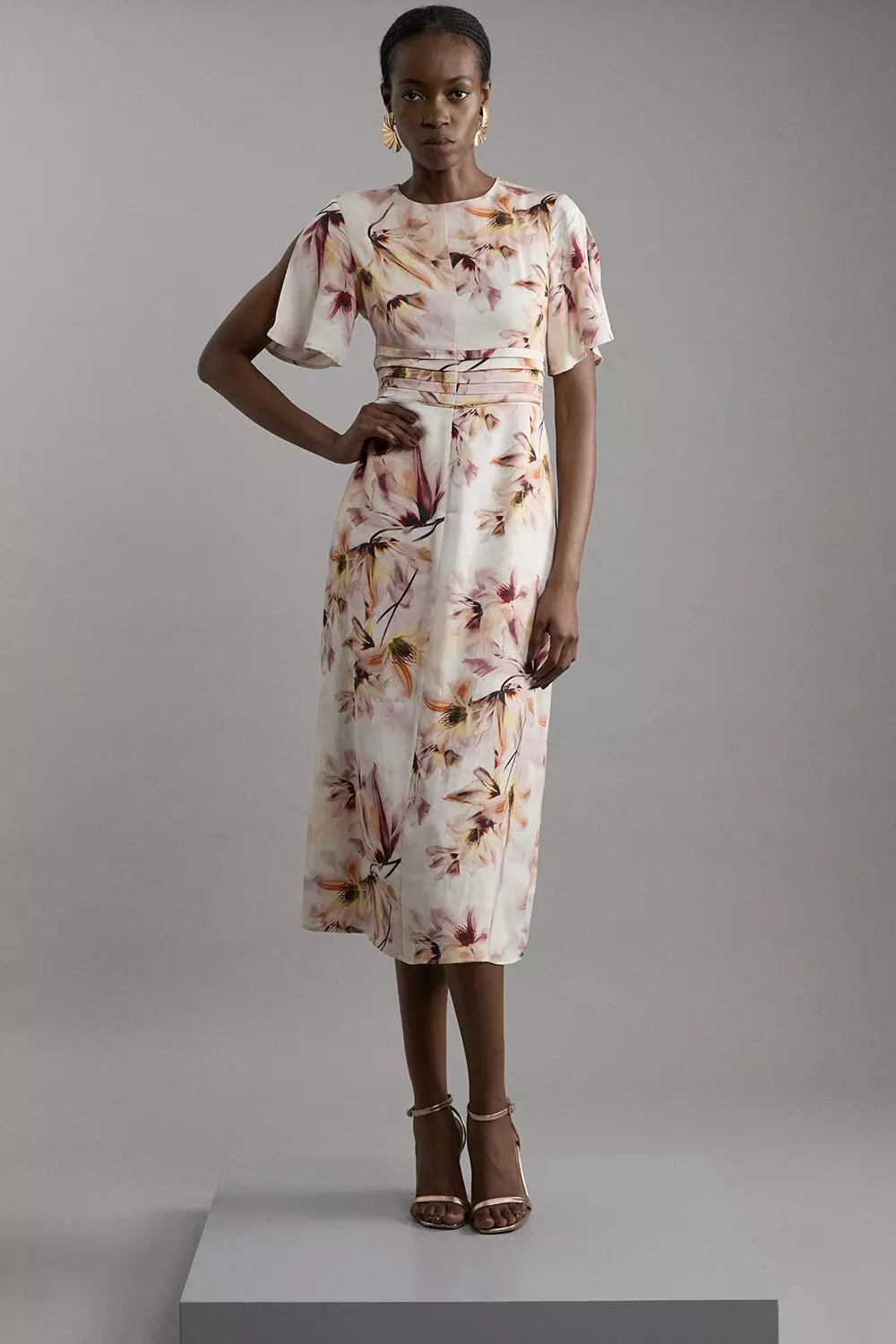 Abstract Floral Satin Crepe Woven Midi Dress Karen Millen