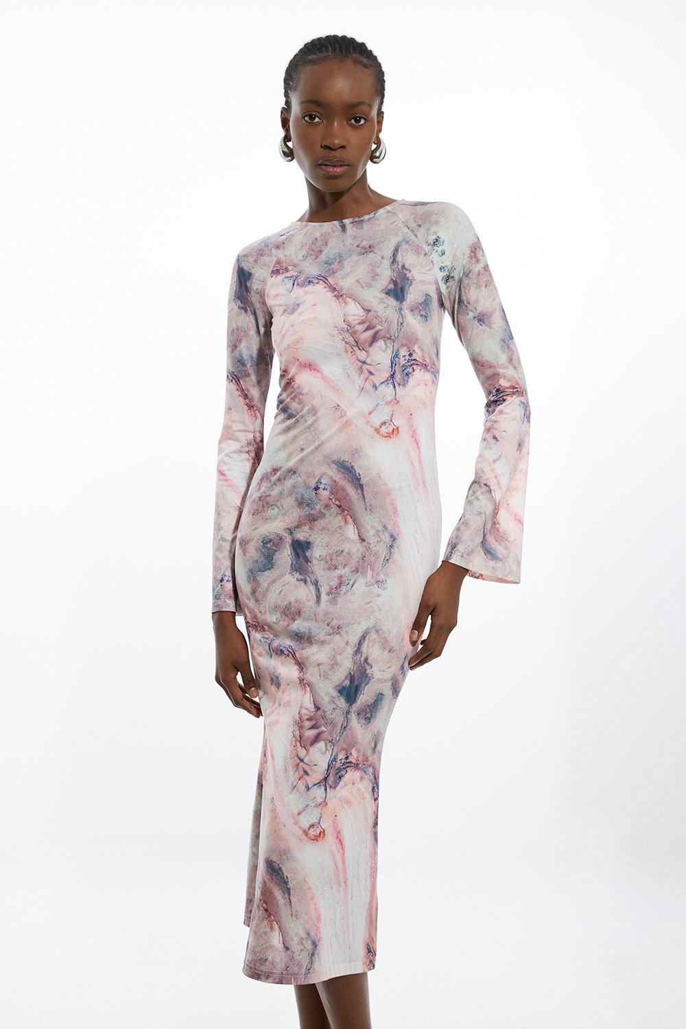 Petite Marble Print Jersey Long Sleeve Midi Dress | Karen Millen