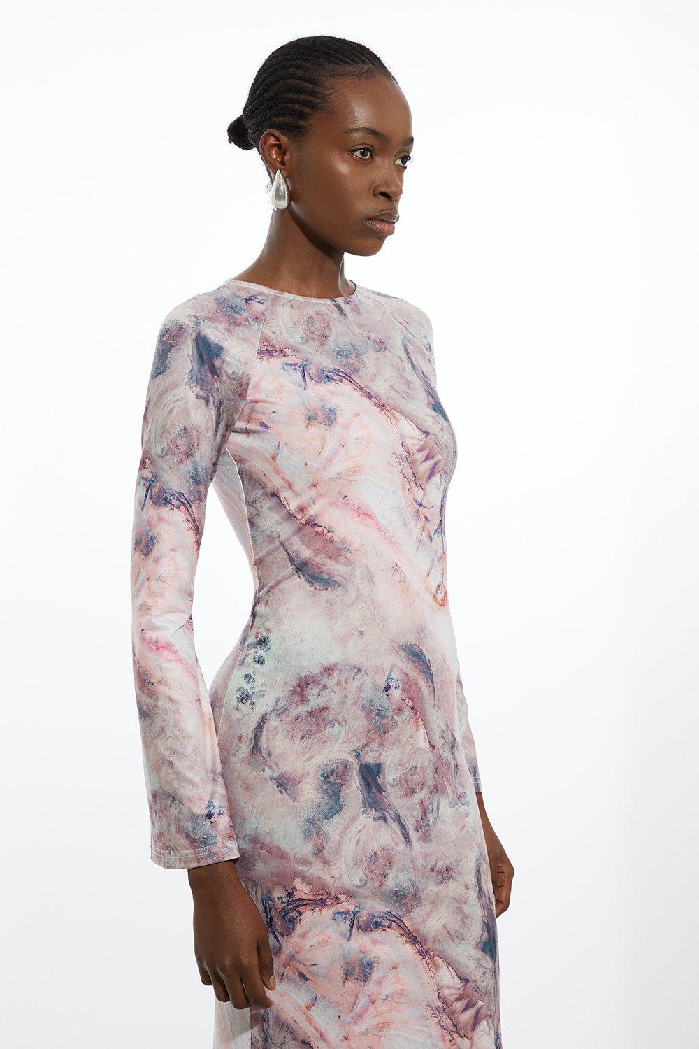 Petite Marble Print Jersey Long Sleeve Midi Dress | Karen Millen