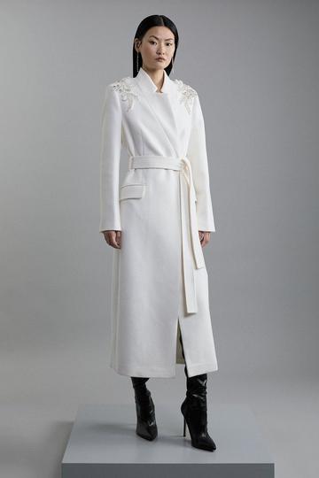 Wool Blend Embellished Belted Tailored Longline Coat ivory