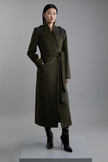 Wool Blend Embellished Belted Tailored Longline Coat khaki