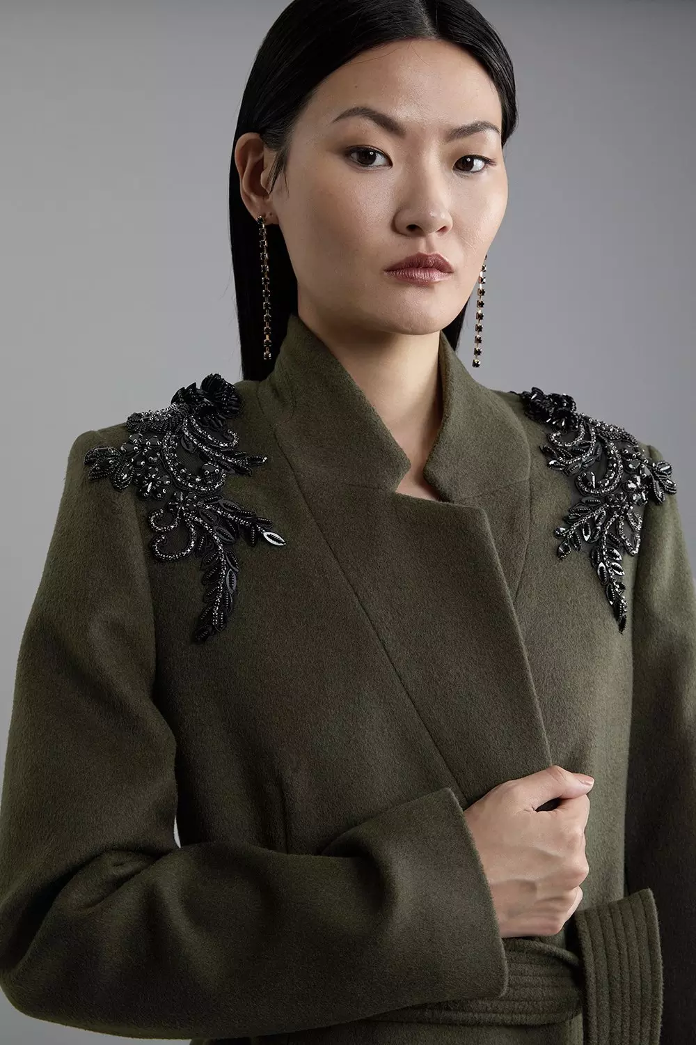 Wool Blend Embellished Belted Tailored Longline Coat | Karen