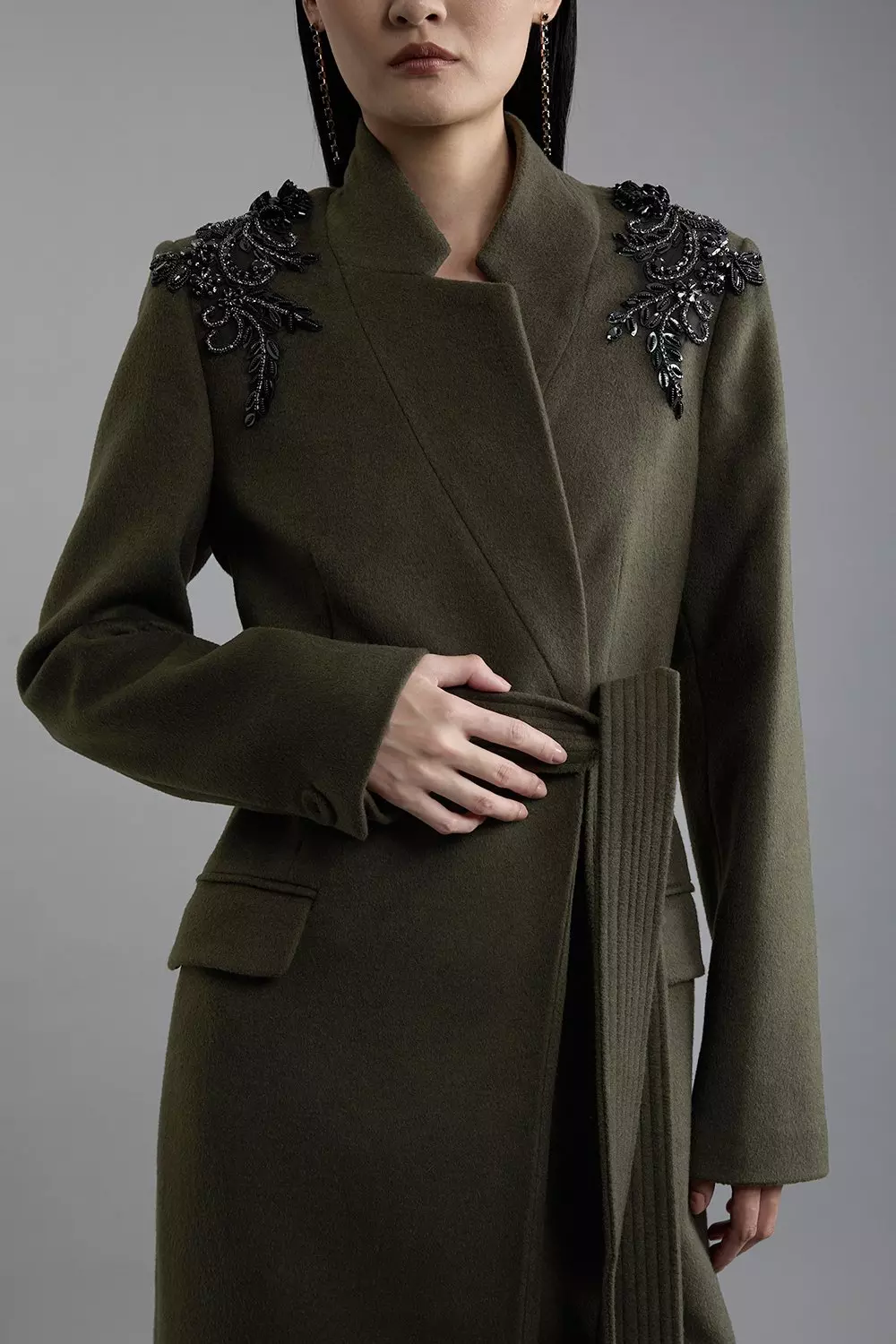Wool Blend Embellished Belted Tailored Longline Coat | Karen