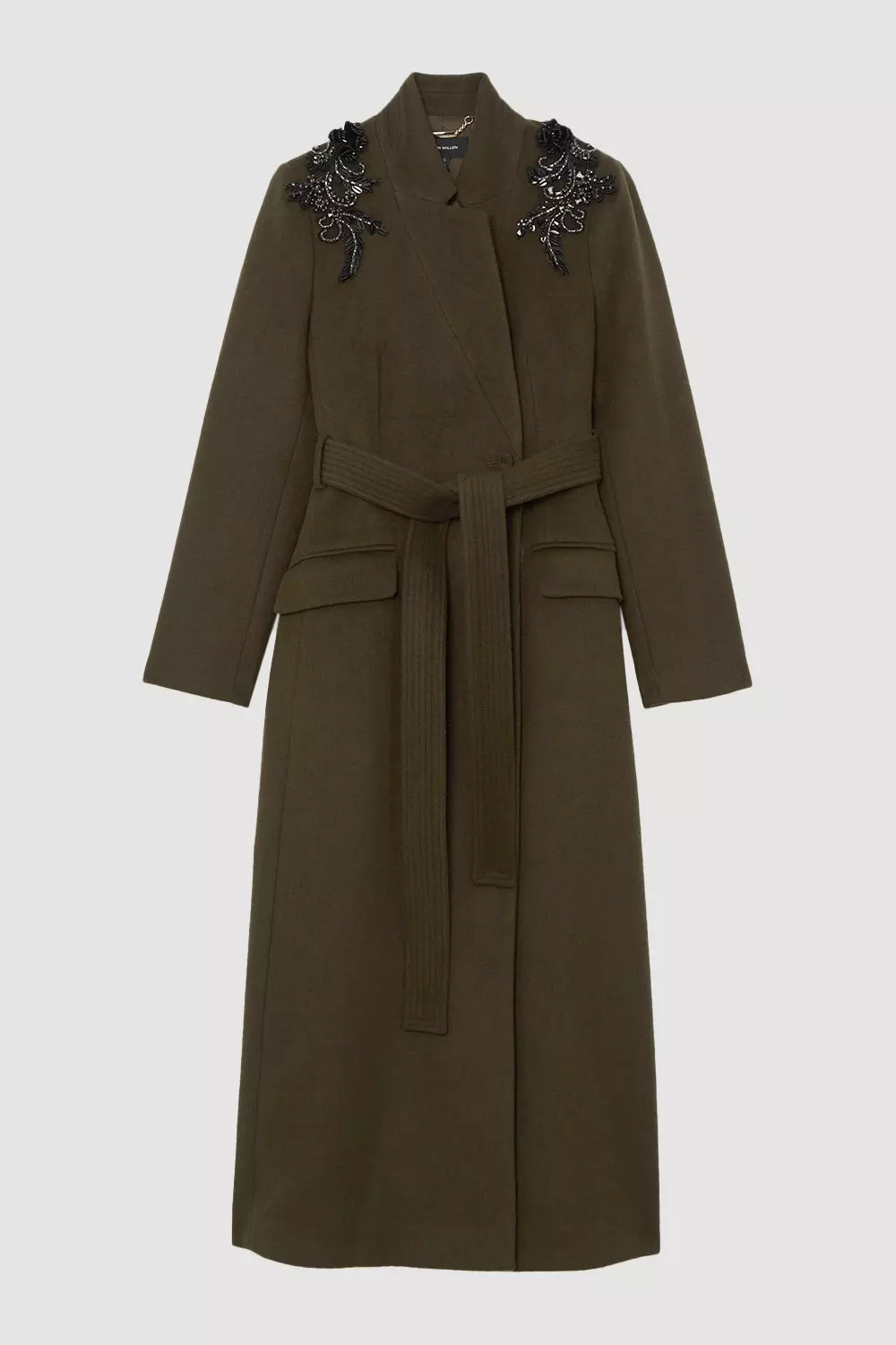 Wool Blend Embellished Belted Tailored Longline Coat | Karen