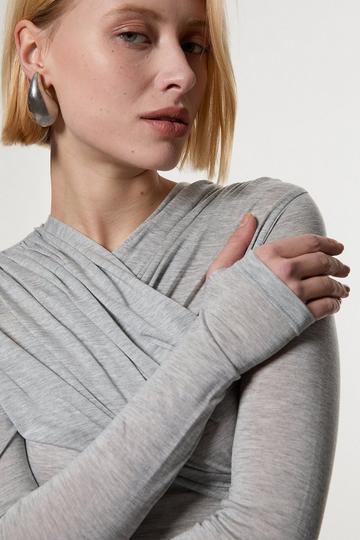 Premium Tencel Jersey Wrap Detail Long Sleeve Top grey marl