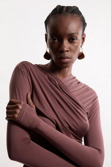 Premium Tencel Jersey Wrap Detail Long Sleeve Top mauve