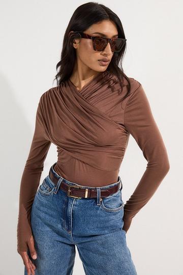 Premium Tencel Jersey Wrap Detail Long Sleeve Top mocha