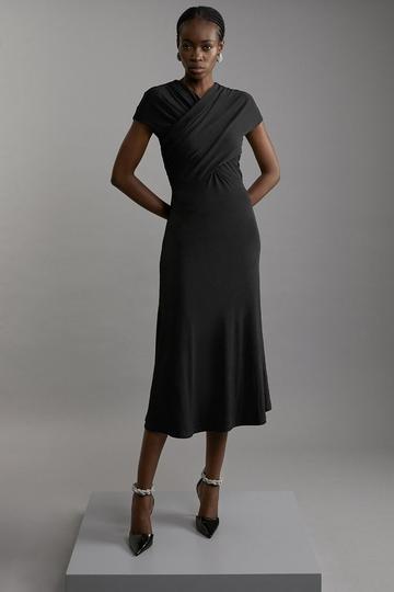 Black Jersey Crepe Ruched Sleeveless Midi Dress