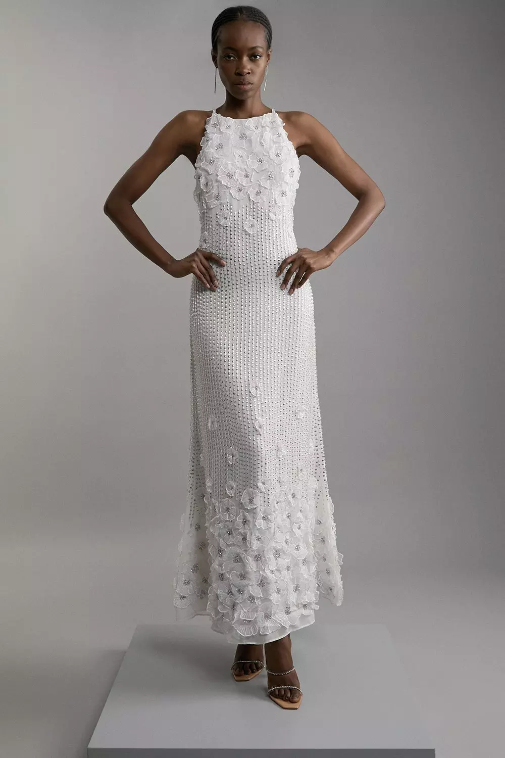 Ivory Floral Appliques Strappy Mid Length Dress