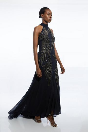 Navy Petite Halter Neck Feather Sequin Detail Woven Maxi Dress