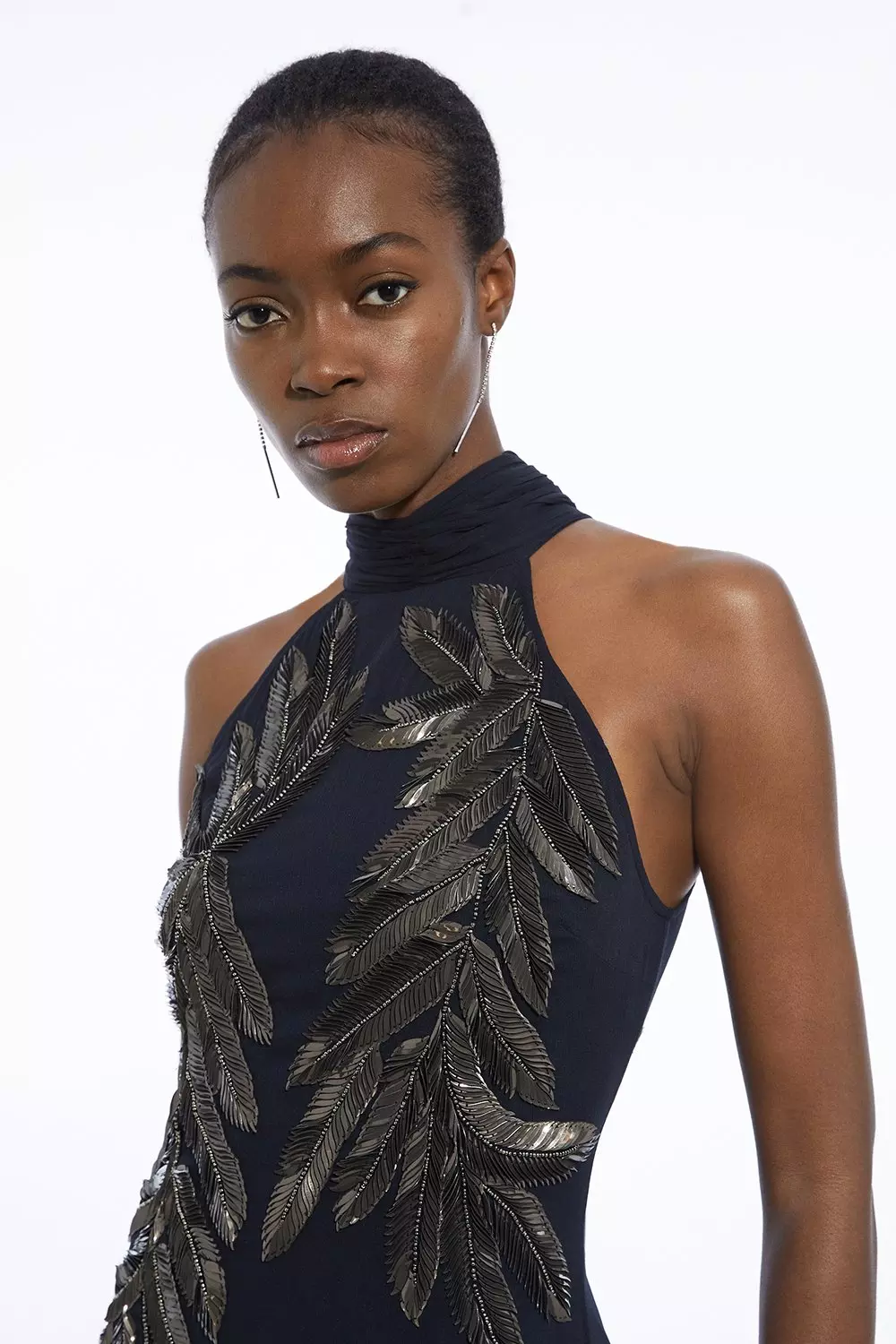Karen Millen Womens Petite Halter Neck Feather Sequin Detail Woven Maxi Dress Navy Size 12