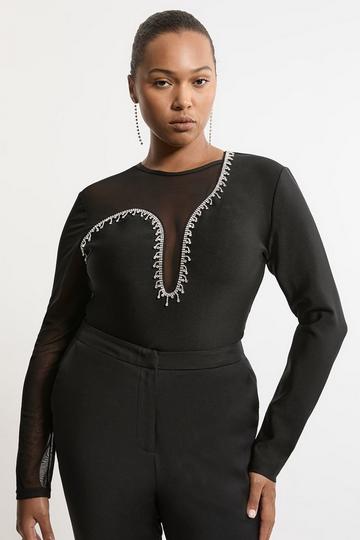 Plus Size Figure Form Bandage Mesh Detail Embellished Knit Top black