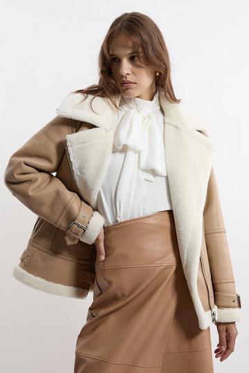 Faux Fur Zipped Longline Biker Jacket beige