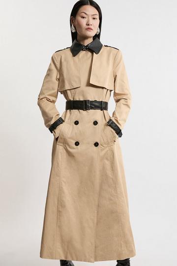 Classic Pu Contrast Belted Trench Coat camel