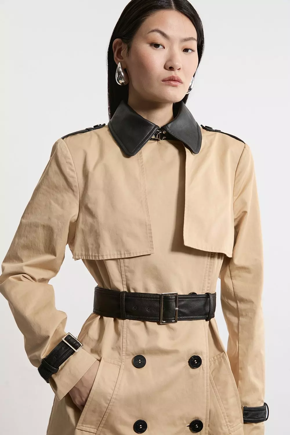 Classic Pu Contrast Belted Trench Coat | Karen Millen