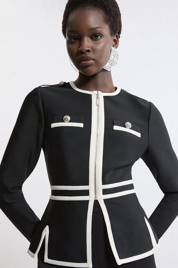 Figure Form Bandage Military Contrast Piping Knit Split Hem Jacket mono