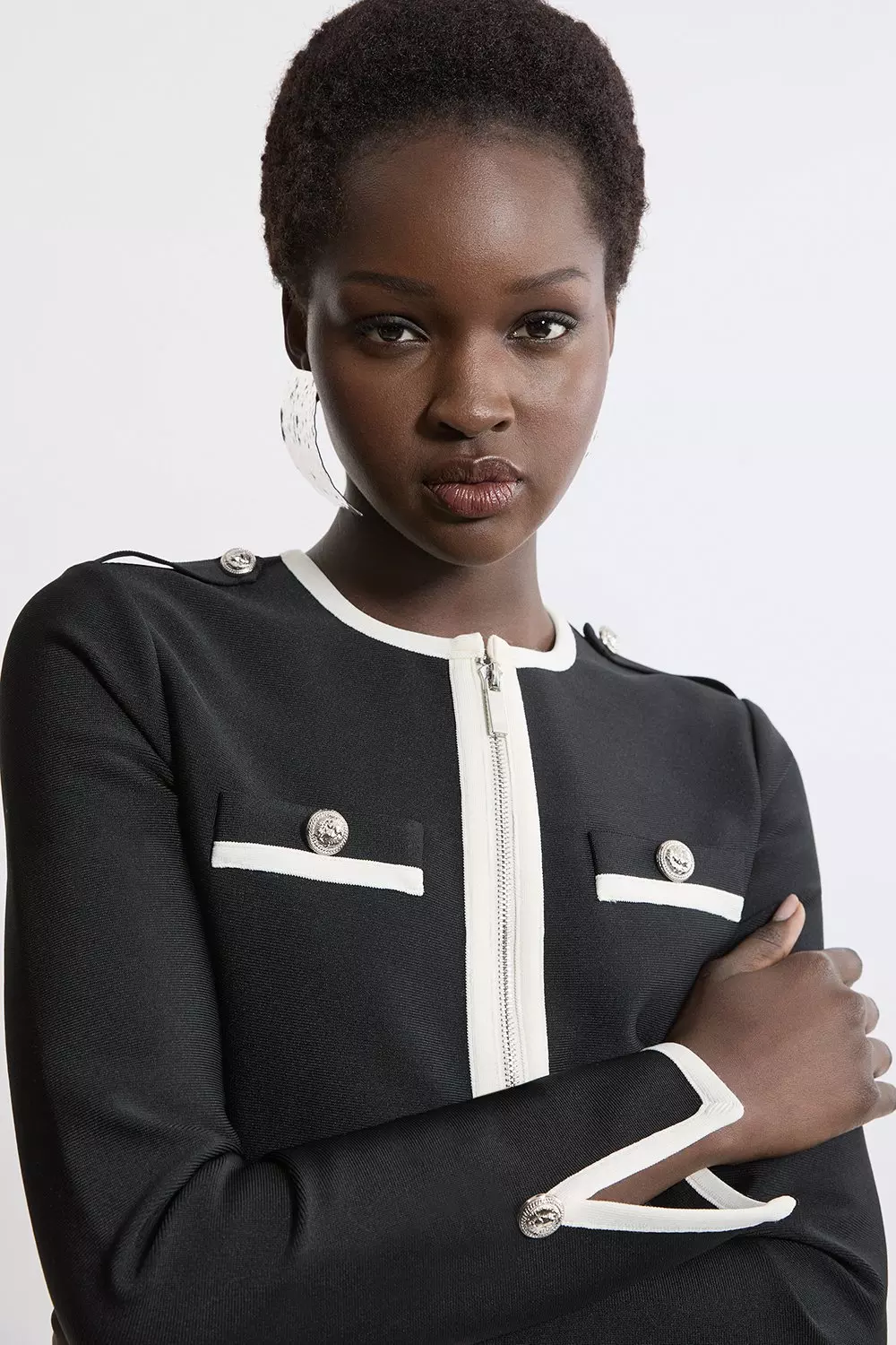Figure Form Bandage Military Contrast Piping Knit Split Hem Jacket Karen Millen